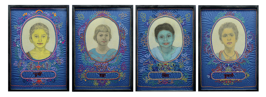 <In The Name of Durga, Pastel,Acrylic on Canvas Pasted on Board,Embroidered Quilt,Glass,Acrylic, 2013-14, 