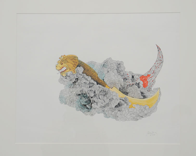 < 
Red and Gold Knives on Clouds I , 2017