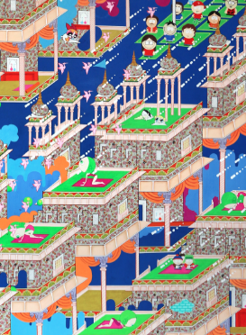 <A Complex Cityscape Princess Pea practices yoga over the roof top, 2013