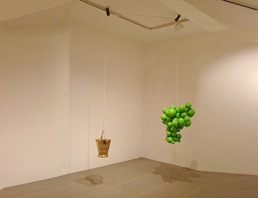 <Balancing Act 2, metal bucket,weight,rope,resin,automotive paint, variable 22x22-36x24inches, 2015, 