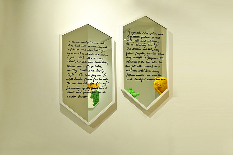 <Describing Draupadi, Vinyl,Used Mirror, 44x24x2inches, 2015, 